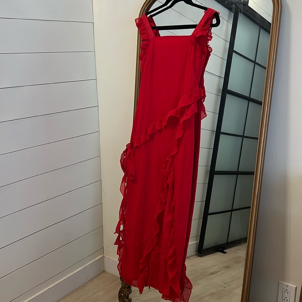 NEW without Tags | Red Chiffon Maxi Dress with Leg Split